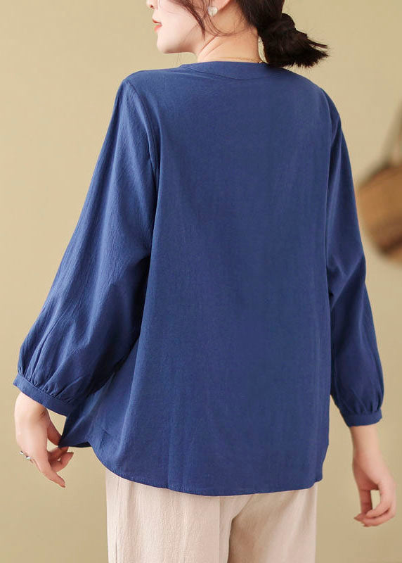 Bohemian Loose Blue Embroidered Linen Blouses Long Sleeve FF019