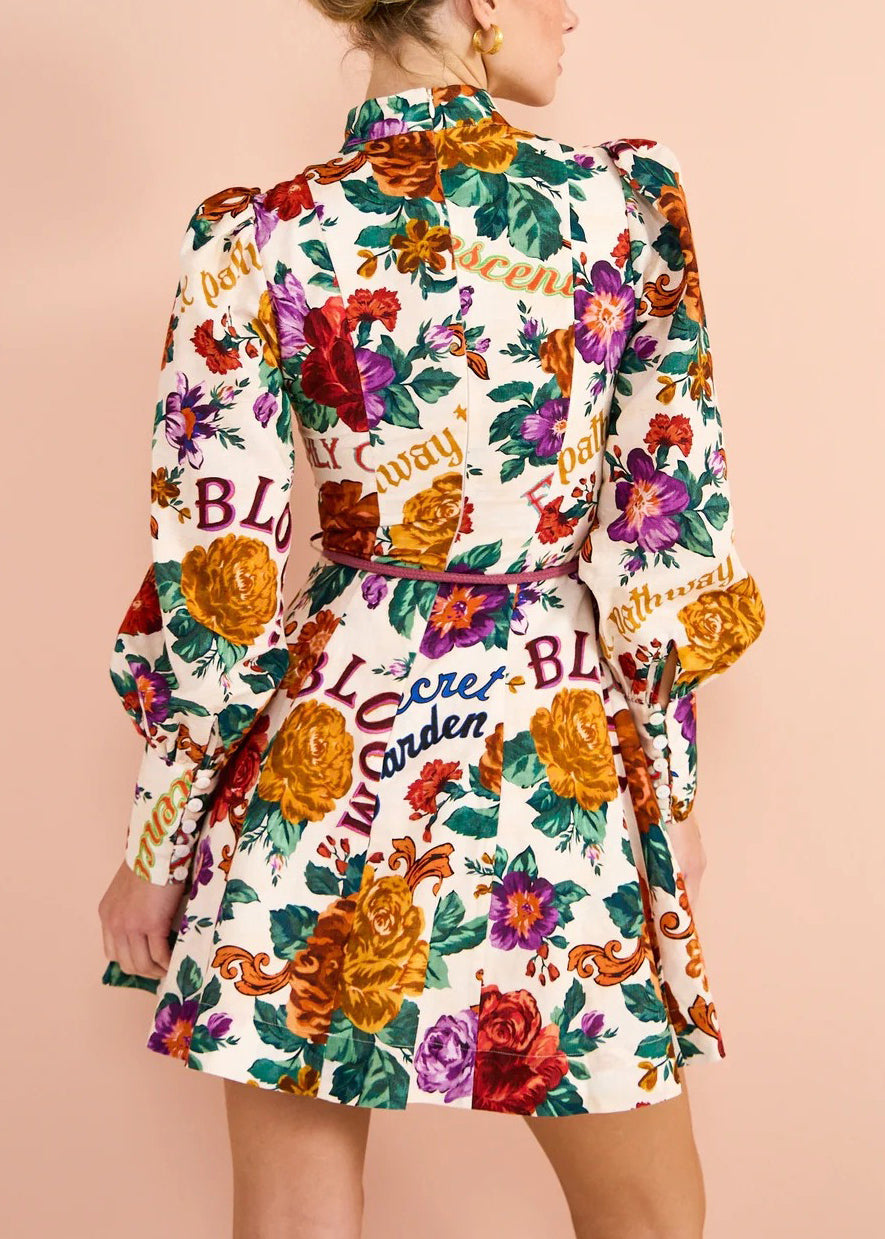 Bohemian Multi Print Tie Waist Cotton Mid Dress Long Sleeve FF071