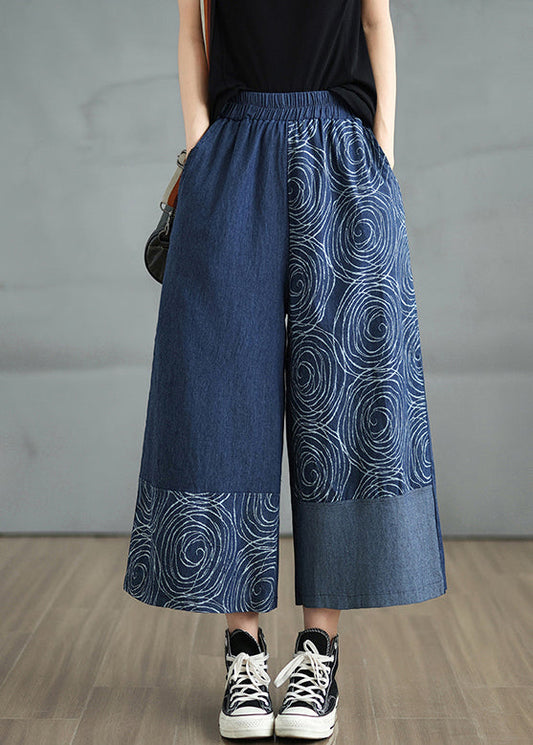 Pantalon bohème bleu marine imprimé denim asymétrique d'été