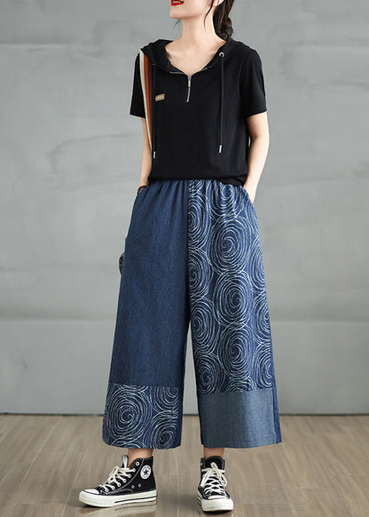 Pantalon bohème bleu marine imprimé denim asymétrique d'été