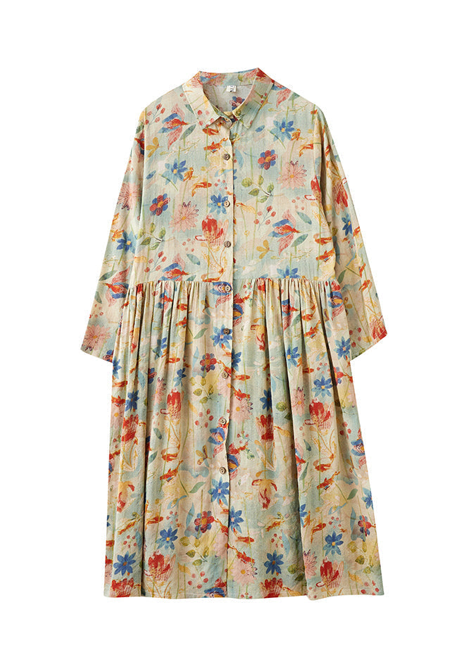 Bohemian Peter Pan Collar Print Wrinkled Cotton Dress Fall QO054