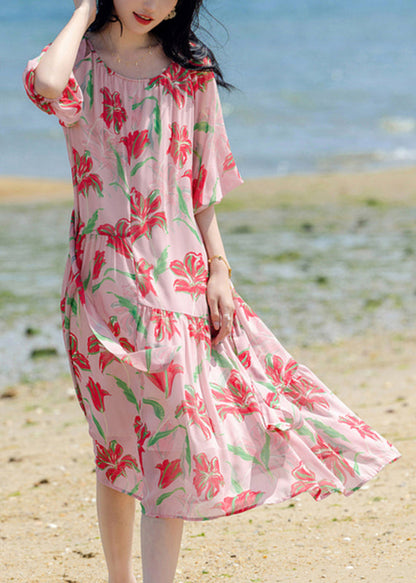 Robe longue de vacances en mousseline de soie à imprimé patchwork rose bohème été WW020