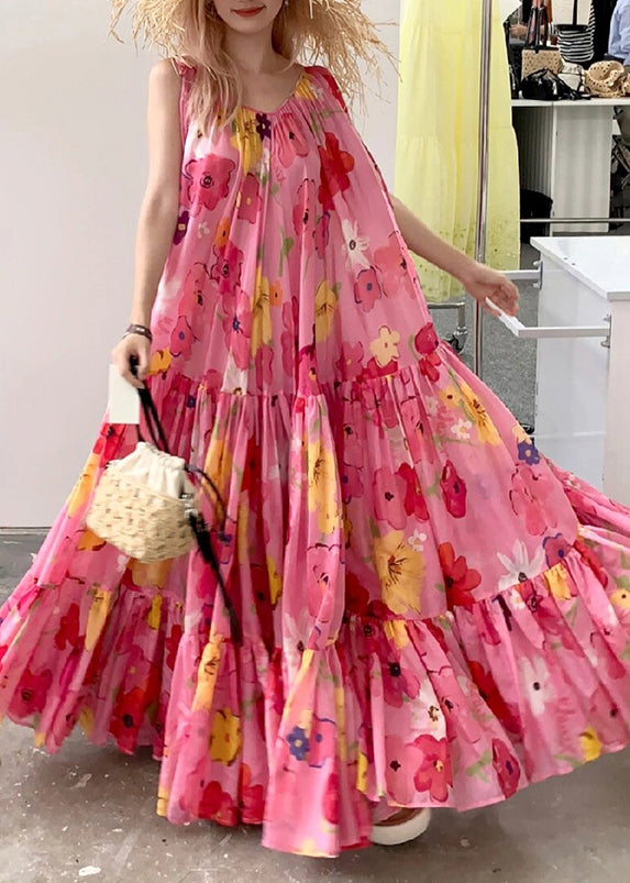 Bohemian Pink Print Wrinkled Patchwork Strap Dress Summer EE1031