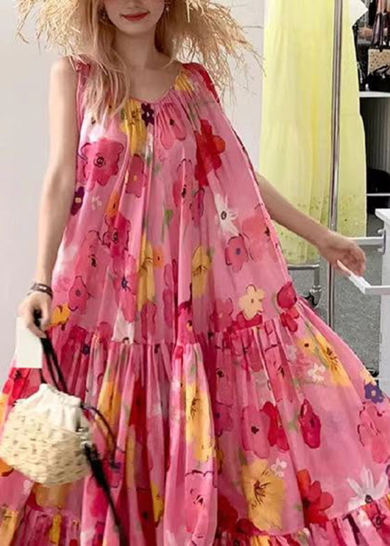 Bohemian Pink Print Wrinkled Patchwork Strap Dress Summer EE1031