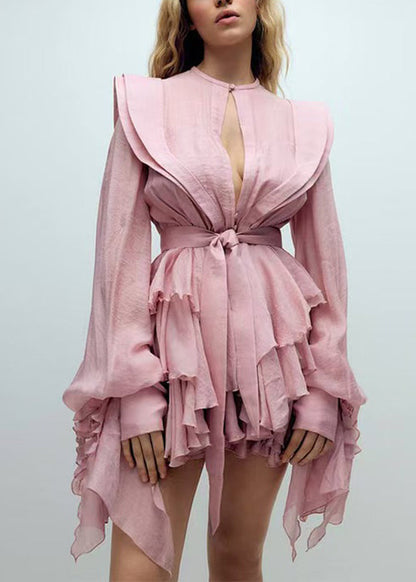 Cotton Lantern Pink Bohemian Mini Dress Sleeve Ruffled