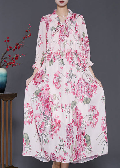 Robe en mousseline de soie à imprimé à volants rose bohème Printemps SD1001