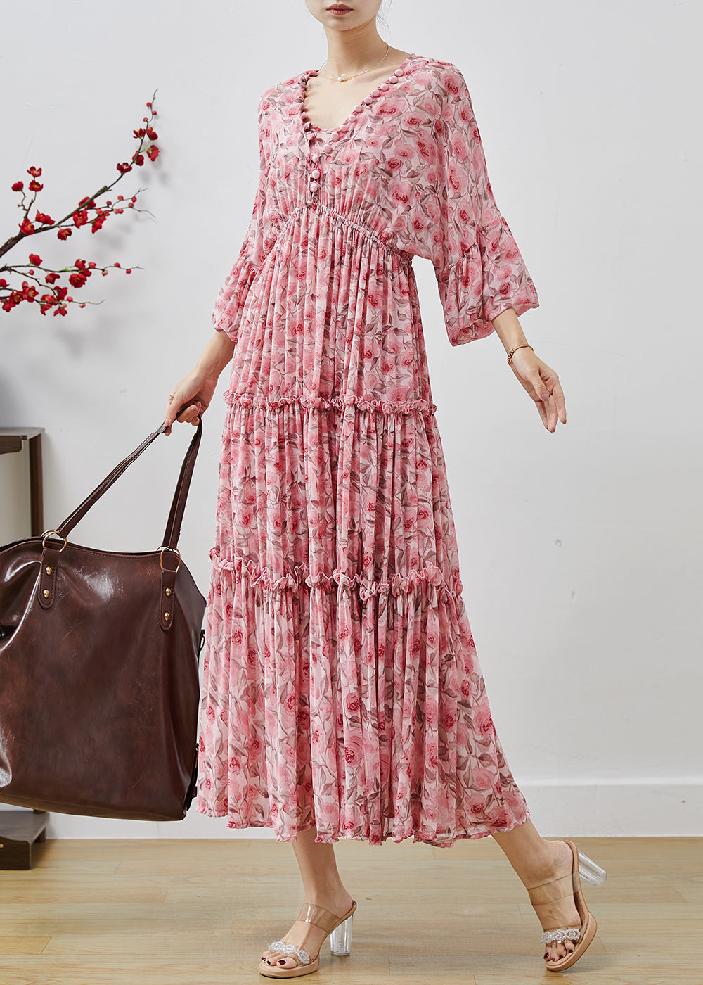 Bohemian Pink Ruffled Print Chiffon Maxi Dresses Lantern Sleeve AP1064