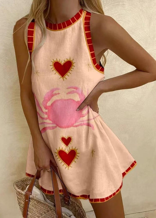 Robe courte bohème en lin sans manches à imprimé trapèze