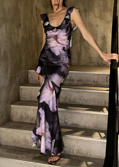 Lila ärmelloses, asymmetrisches, langes Bohemian-Kleid aus Baumwolle mit Rüschen