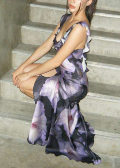 Lila ärmelloses, asymmetrisches, langes Bohemian-Kleid aus Baumwolle mit Rüschen