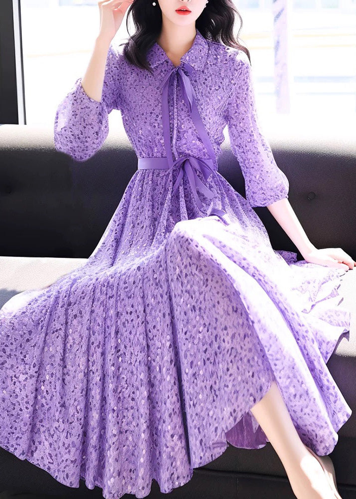 Bohemian Purple Peter Pan Collar Print Chiffon Dress Bracelet Sleeve QR032