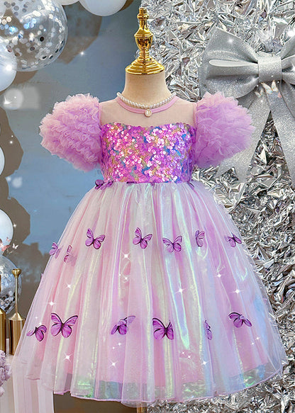 Robe bohème violette en tulle à paillettes et manches bouffantes pour fille TT036