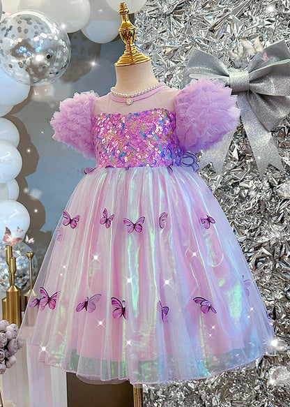 Robe bohème violette en tulle à paillettes et manches bouffantes pour fille TT036