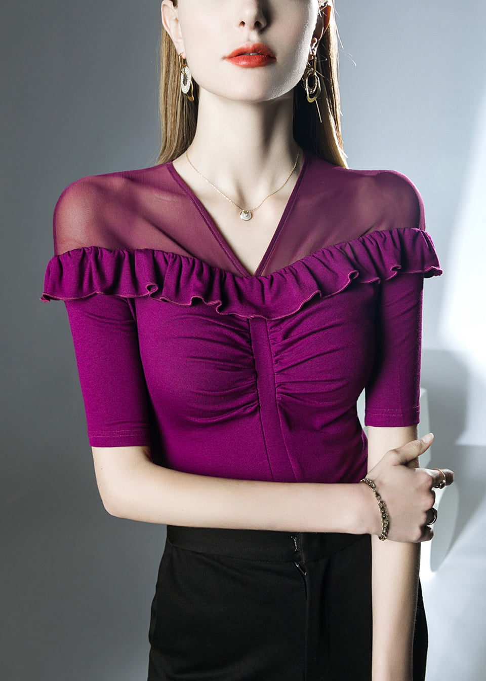 Bohemian Purple Tulle Patchwork Top Half Sleeve AL1039