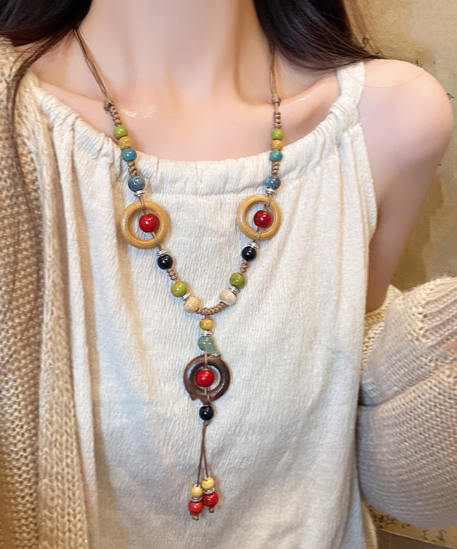Nylon Necklace Rope Rainbow Beads Pendant Ceramic Bohemian