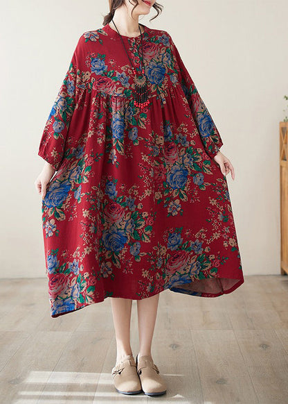 Robe bohème rouge à col rond en coton froissé grande taille été AP077