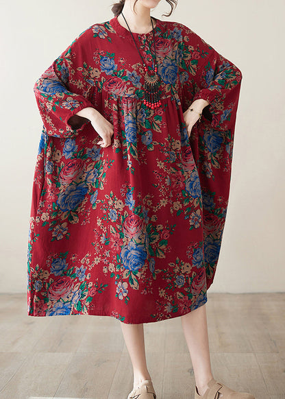 Robe bohème rouge à col rond en coton froissé grande taille été AP077