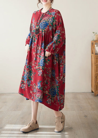 Robe bohème rouge à col rond en coton froissé grande taille été AP077