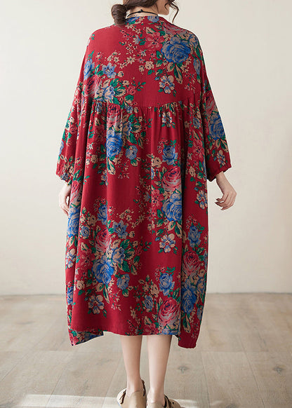 Robe bohème rouge à col rond en coton froissé grande taille été AP077