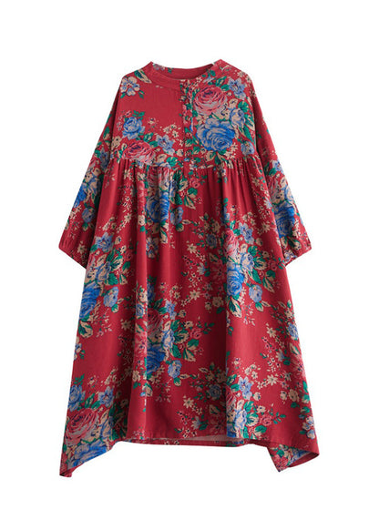 Robe bohème rouge à col rond en coton froissé grande taille été AP077