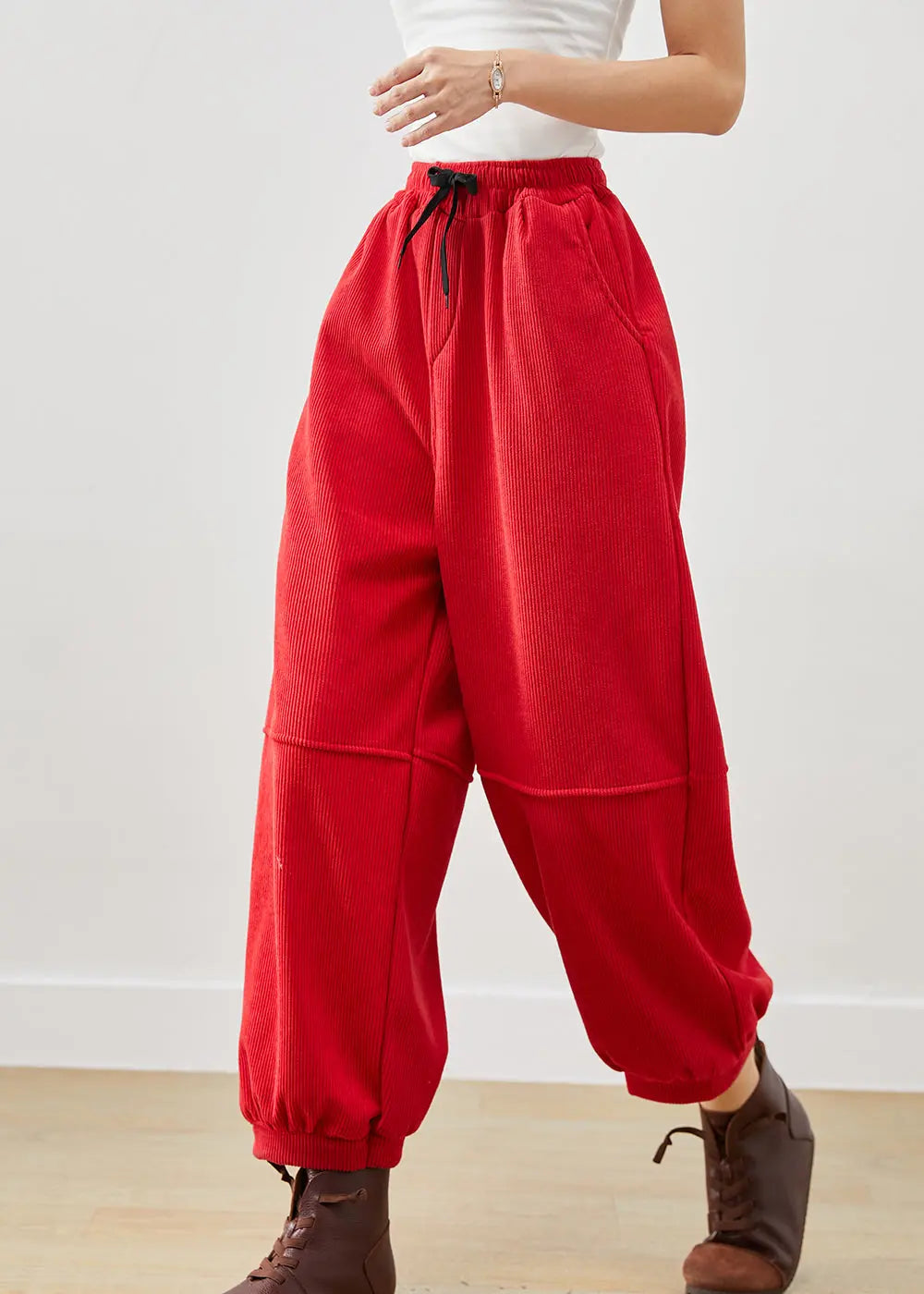 Bohemian Red Oversized Pockets Corduroy Pants Winter Ada Fashion