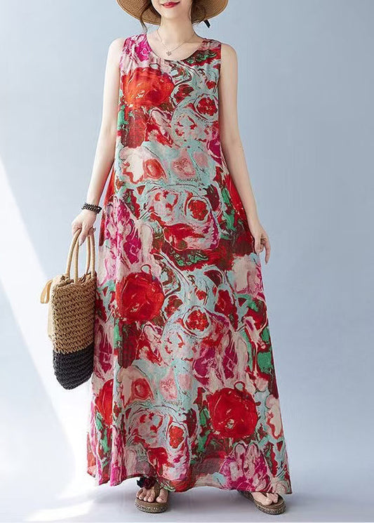 Ärmelloses rotes Print Oversized Kleid Urlaub Bohemian Baumwolle