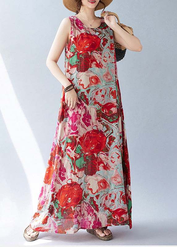 Ärmelloses rotes Print Oversized Kleid Urlaub Bohemian Baumwolle