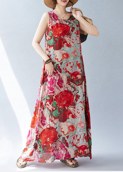 Ärmelloses rotes Print Oversized Kleid Urlaub Bohemian Baumwolle