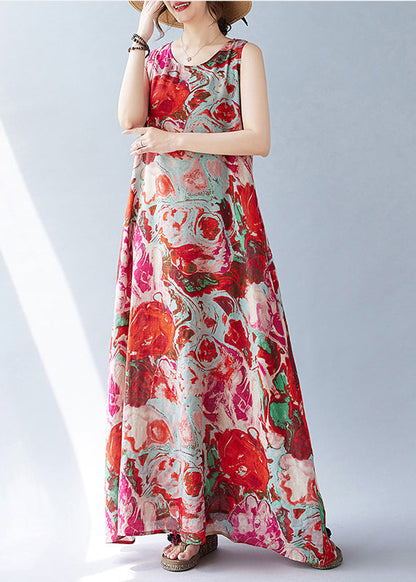 Ärmelloses rotes Print Oversized Kleid Urlaub Bohemian Baumwolle