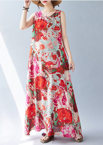 Ärmelloses rotes Print Oversized Kleid Urlaub Bohemian Baumwolle