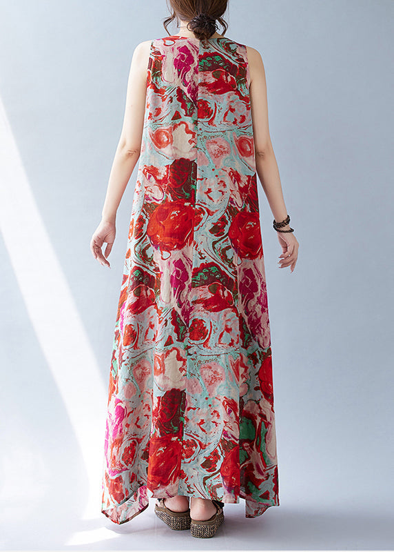 Ärmelloses rotes Print Oversized Kleid Urlaub Bohemian Baumwolle