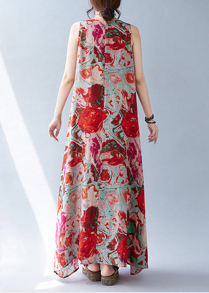 Ärmelloses rotes Print Oversized Kleid Urlaub Bohemian Baumwolle