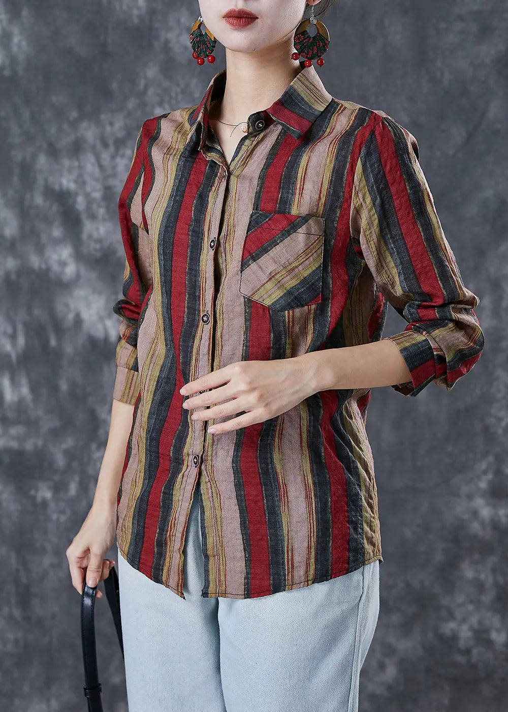 Bohemian Red Peter Pan Collar Striped Linen Shirt Top Fall Ada Fashion