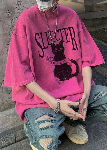 Übergroße Bohemian Rose Baumwolle Katzen T Shirt Herren