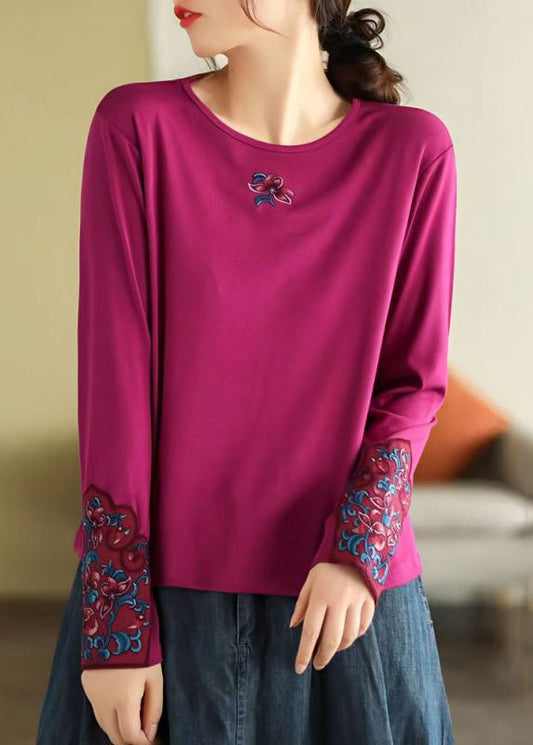 Bohemian Rose O Neck Bestickte Baumwolle T Shirts Frühling TN001