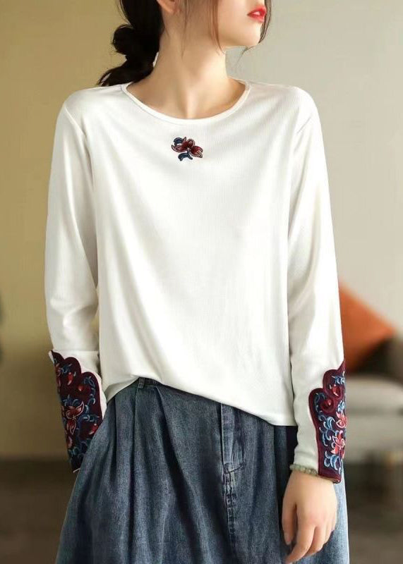 Bohemian Rose O Neck Bestickte Baumwolle T Shirts Frühling TN001