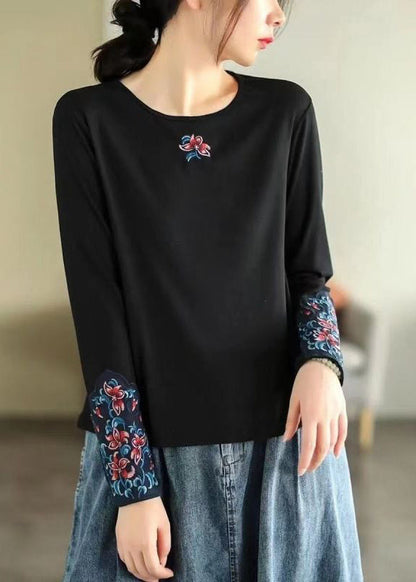 Bohemian Rose O Neck Bestickte Baumwolle T Shirts Frühling TN001
