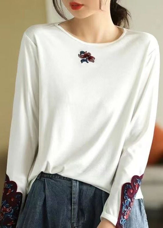 Bohemian Rose O Neck Bestickte Baumwolle T Shirts Frühling TN001