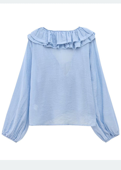 Hemd Bohemian Blau Himmel Baumwolle Rüschen Tops Sommer