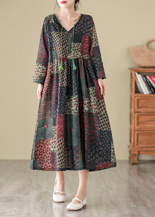 Bohemian V Neck Print Patchwork Cotton Long Dress Fall QO043