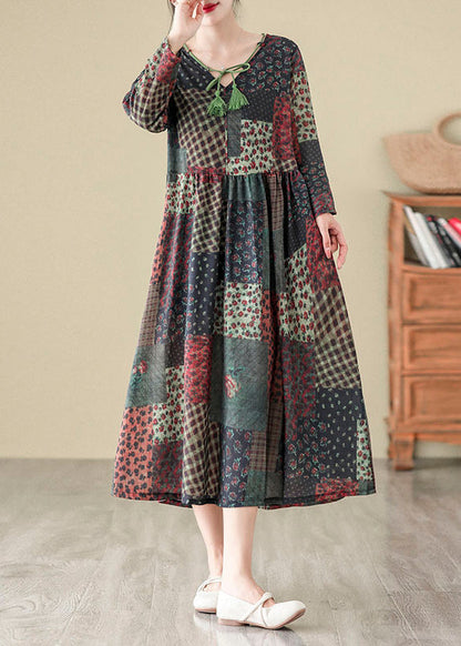 Robe longue bohème en coton à imprimé patchwork et col en V pour l'automne QO043