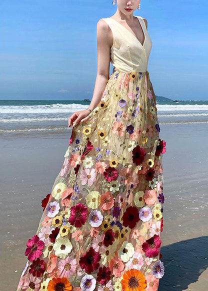 Robe longue bohème en tulle à col en V brodée en patchwork de fleurs en tulle pour l'été UU1024