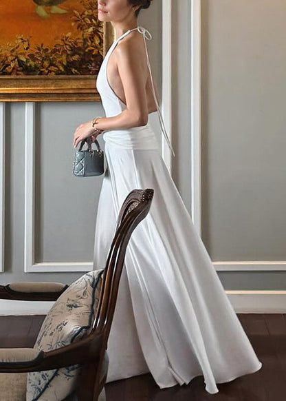Kleid Bohemian Long Up Weiß Spitze Rückenfrei Baumwolle Zerknittert