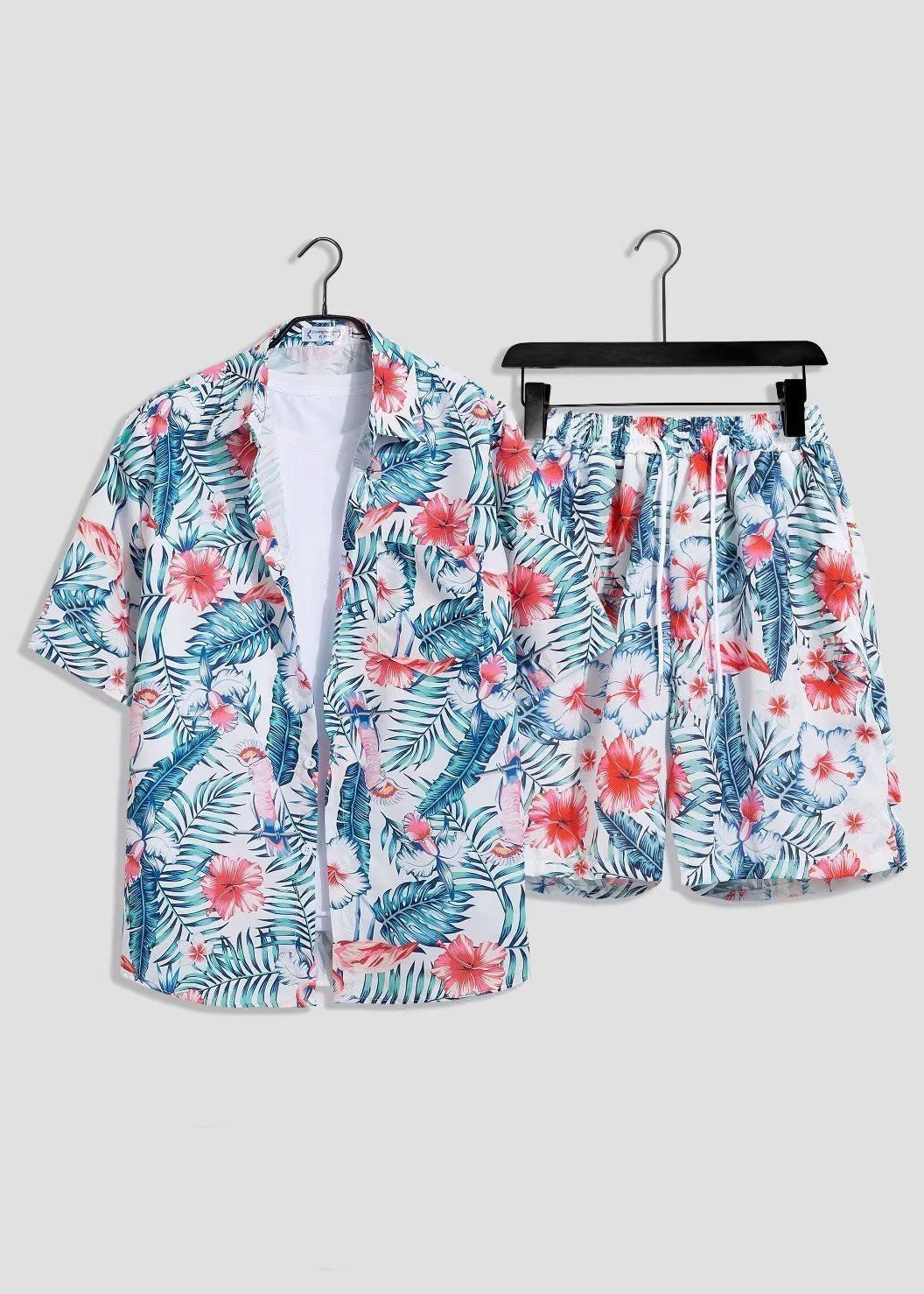 Bohemian White Print Shirts And Shorts Ice Silk Men Two Pieces Set Summer HG064