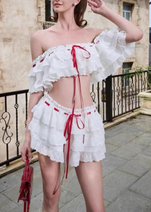 Ensemble deux pièces en coton bohème à volants et dentelle blanche pour l'été