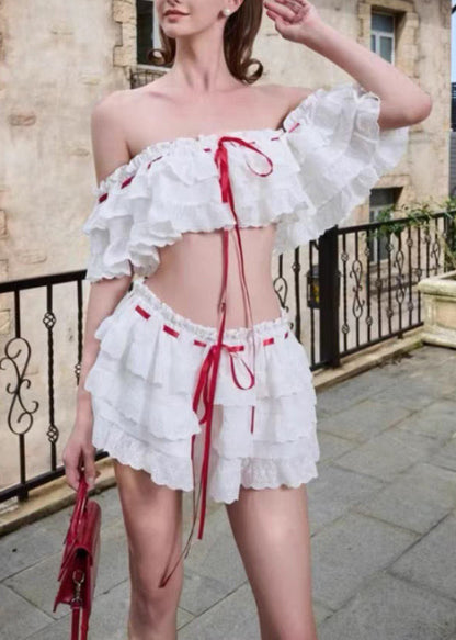 Ensemble deux pièces en coton bohème à volants et dentelle blanche pour l'été