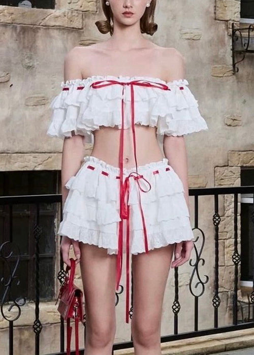 Ensemble deux pièces en coton bohème à volants et dentelle blanche pour l'été