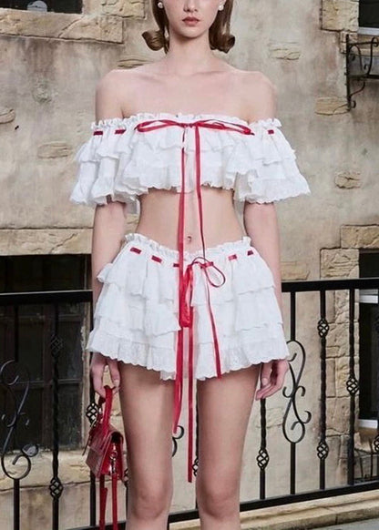 Ensemble deux pièces en coton bohème à volants et dentelle blanche pour l'été