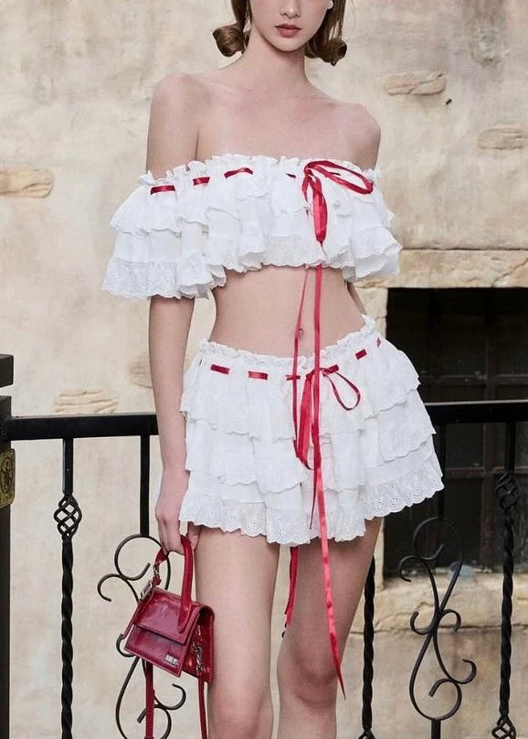 Ensemble deux pièces en coton bohème à volants et dentelle blanche pour l'été