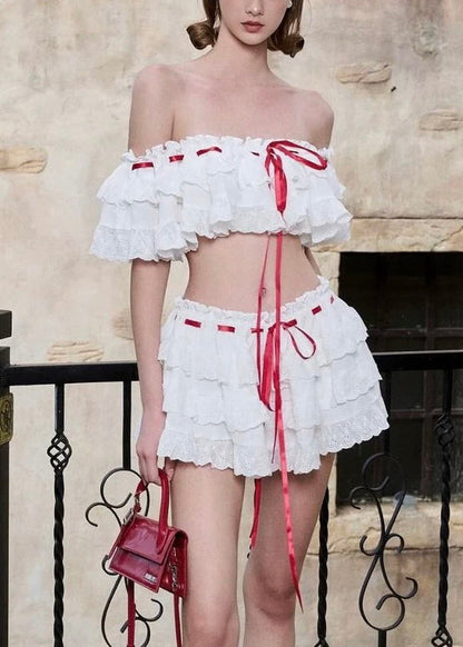 Ensemble deux pièces en coton bohème à volants et dentelle blanche pour l'été